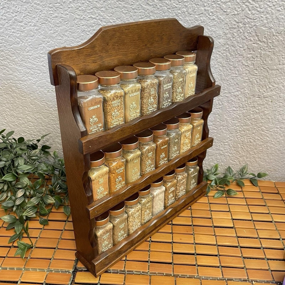 Vintage Crystal Food Products Wooden Spice Rack 3 Tier 23 Glass Cooper Tone Lids - Picture 3 of 9